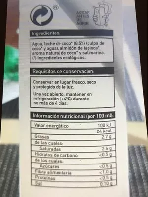 Lista de ingredientes del producto Bebida de coco veritas 