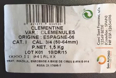 Lista de ingredientes del producto Clementines Auchan 