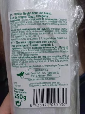 Lista de ingredientes del producto Dátiles Auchan 250 g