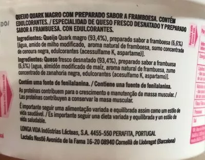 Lista de ingredientes del producto Kvarg framboesa Nestlé 150