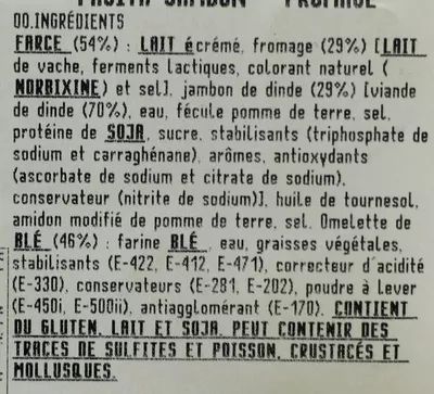 Lista de ingredientes del producto Fajita jambon-fromage Nobles 0,270 kg