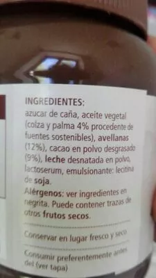 Lista de ingredientes del producto Crema de cacao con avellanas  40 g