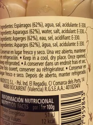 Lista de ingredientes del producto Esparagos blancos montey 