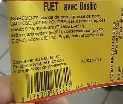 Lista de ingredientes del producto FUET avec basilic Las Terrenas 