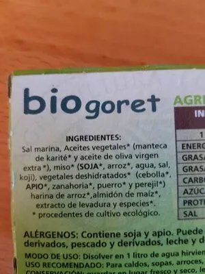 Lista de ingredientes del producto Caldo vegetal Biogoret 