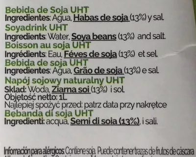 Lista de ingredientes del producto Bebida de soja original Frías 1 l