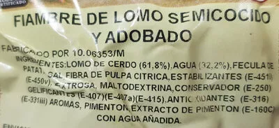 Lista de ingredientes del producto Fiambre de lomo semicocido y adobado Adobos Caysan 400g