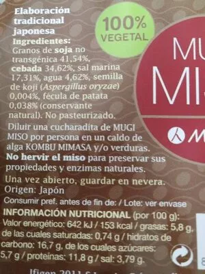 Lista de ingredientes del producto Miso Mimasa 3oo