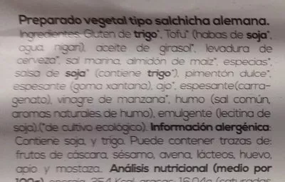 Lista de ingredientes del producto Biosalchicha vegetal Alemana Ahimsa 200 g (2 ud.)