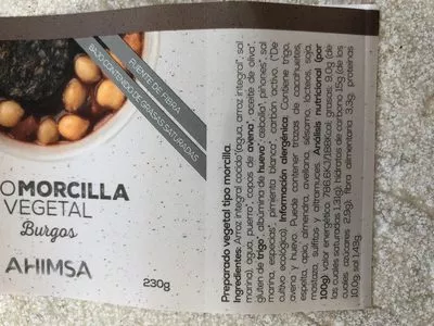 Lista de ingredientes del producto Bio morcilla vegetal Ahimsa 