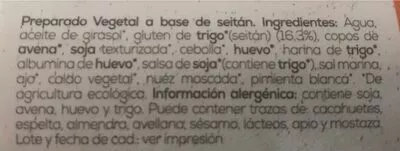 Lista de ingredientes del producto Bio Filete Vegetal Seitan  