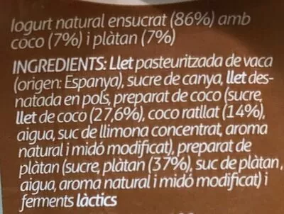 Lista de ingredientes del producto Iogurt cremós amb coco i plàtan Granja Armengol 