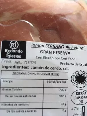 Lista de ingredientes del producto Jamón serrano gran reserva  100 g