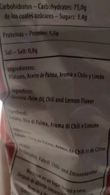 Lista de ingredientes del producto Plátanos sabor chile y limón el dorado 