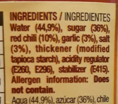 Lista de ingredientes del producto Sweet chili sauce Tiger Khan 300ml