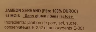 Lista de ingredientes del producto Jambon serrant (père 100% Duroc) Aire Sano Duroc 100 g