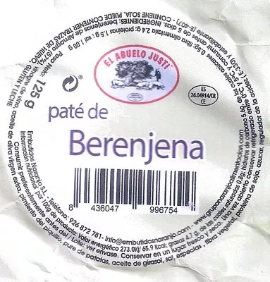 Lista de ingredientes del producto El abuelo justi Paté de Berenjenas El abuelo justi 125 g