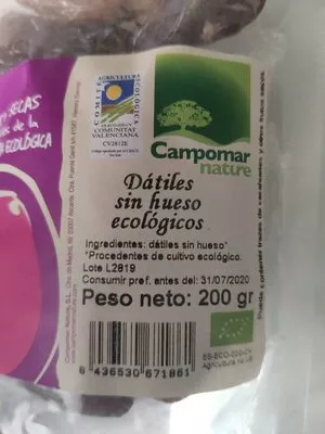 Lista de ingredientes del producto Dátiles sin hueso ecólogicos Campomar Nature 