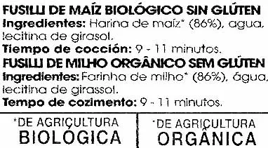 Lista de ingredientes del producto Fusilli de maíz Qbio 500 g