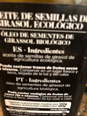 Lista de ingredientes del producto Aceite de semillas de girasol Qbio 