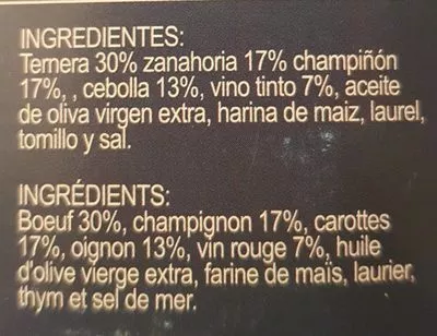 Lista de ingredientes del producto Estofado de ternera al vino Sanae System 300 g