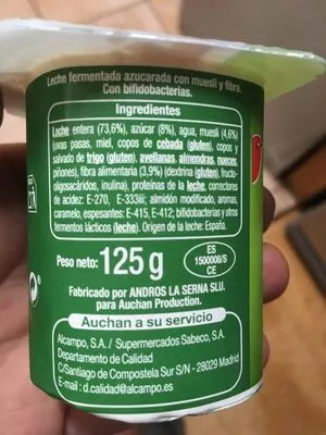 Lista de ingredientes del producto Yogurt bifidus muesli y fibra Auchan 