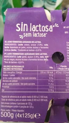 Lista de ingredientes del producto Yogurt sin lactosa azucarado  4 x 125 g