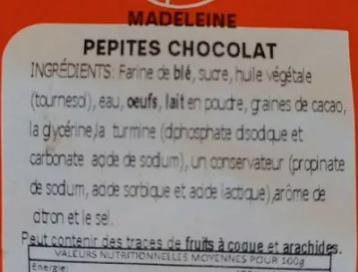 Lista de ingredientes del producto Madeleine pépites chocolat  