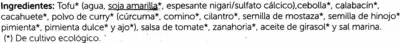 Lista de ingredientes del producto Tofu ecológico "Sojhappy" En bolitas. Al curry Sojhappy 250 g (5 x 50 g)