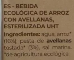 Lista de ingredientes del producto Arroz avellanas La Finestra sul Cielo 1 L