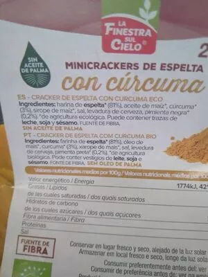 Lista de ingredientes del producto Minicrackers de espelta con cúrcuma La finestra sul cielo 250 g