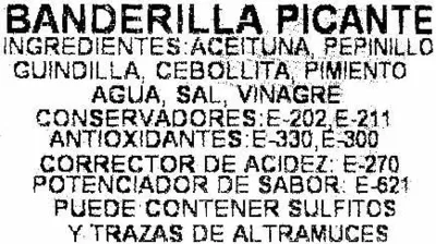 Lista de ingredientes del producto Surtido de encurtidos en banderillas Aceitunas de Perales 1.100 g (neto), 550 g (escurrido)