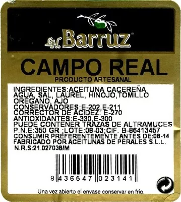 Lista de ingredientes del producto Aceitunas de Campo Real Barruz 350 g (escurrido)