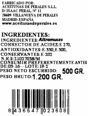 Lista de ingredientes del producto Altramuces encurtidos Barruz 1200 g (neto), 500 g (escurrido)