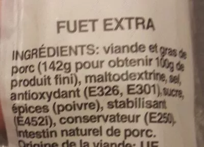 Lista de ingredientes del producto Fuet Extra sans nitrites El Andaluz 