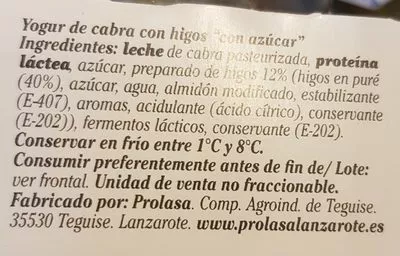 Lista de ingredientes del producto Yogur de cabra prolasa 250 g