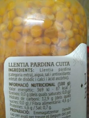 Lista de ingredientes del producto Llentia Pardina Ametller Origen 