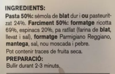 Lista de ingredientes del producto Raviolis ricotta et épinards Ametller Origen 250 g