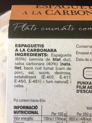 Lista de ingredientes del producto Espaguetis a la Carbornara Ametller Origen 