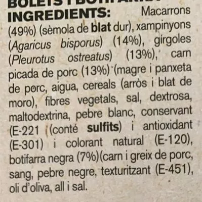 Lista de ingredientes del producto Macarrons amb bolets i botifarra Ametller Origen 250 g