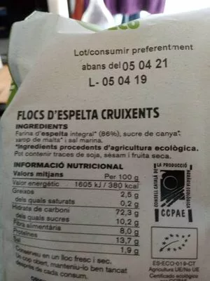 Lista de ingredientes del producto Flocs d'espelta cruixents eco Ametller Origen 