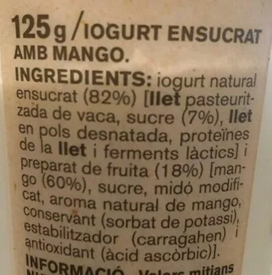 Lista de ingredientes del producto Iogurt cremos amb mango Ametller Origen 