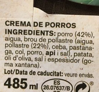 Lista de ingredientes del producto Cremes Porros amb hortalisses fresques Ametller Origen 485 ml