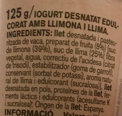 Lista de ingredientes del producto Iogurt amb llimona i llima Ametller Origen 