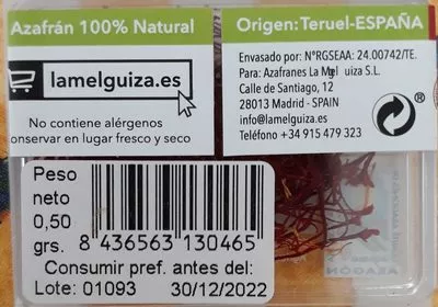 Lista de ingredientes del producto Azafran ecologico La Melguiza 