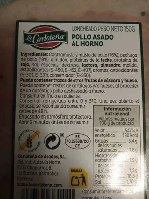 Lista de ingredientes del producto Pollo asado al horno  150 g