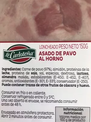 Lista de ingredientes del producto Asado de Pavo al horno  150 g