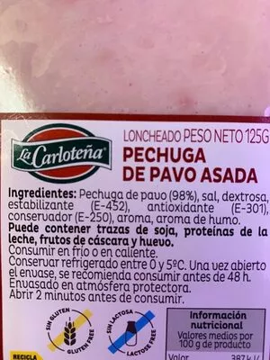 Lista de ingredientes del producto Pechuga pavo asada horno  125 g