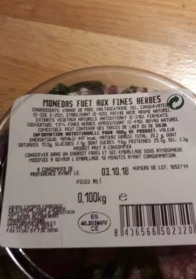 Lista de ingredientes del producto Fuet aux fines herbes oro 100g