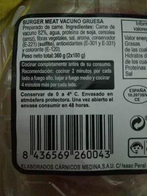 Lista de ingredientes del producto Burguer meat gruesa  180 g